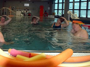 Matthew Charron, foreground left, a kinesiologist at Talbot Trail Physiotherapy, leads a community aquafit class in the saltwater therapy pool at St. Thomas Elgin General Hospital. The pool was renovated in August and reopened in early September.
