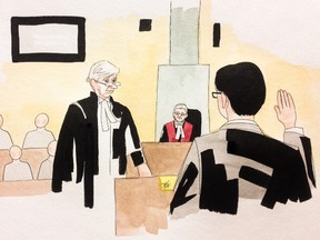 A court sketch from the Luka Magnotta trial, Nov. 3, 2014. (DELF BERG/QMI Agency)