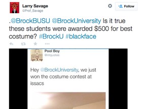 Brock University professor Larry Savage Tweeted this photo of students who won the the costume contest at the student union pub on Thursday. The students are dressed as the Jamaica Bobsled Team, complete with blackface.