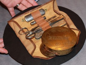 The personal kit of a Canadian soldier from the First World War on display at the Lambton Heritage Museum. The museum is looking for stories of soldiers from the region who fought during Canada's numerous conflicts for its upcoming May 2015 exhibition, Lambton At War. 
CARL HNATYSHYN/SARNIA THIS WEEK/QMI AGENCY