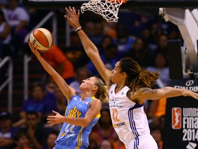 Phoenix Mercury centre Brittney Griner (right) blocks Chicago Sky guard Courtney Vandersloot’s shot during Game 2 of the WNBA Finals at US Airways Center. (Mark J. Rebilas/USA TODAY Sports)