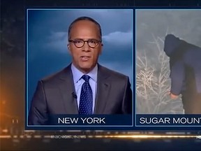 Many on social media thought NBC meteorologist Mike Seidel, right was caught relieving himself on camera. (YouTube screengrab)