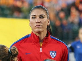 Hope Solo #1 of the United States stands on the field prior to playing Mexico at Sahlen's Stadium on September 18, 2014 in Rochester, New York.  (Jen Fuller/Getty Images/AFP)