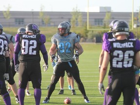 David Bosch, centre, of the Fort McMurray Monarchs, was named the Alberta Football League’s defensive player of the year and defensive lineman of the year. ROBERT MURRAY/TODAY FILE PHOTO