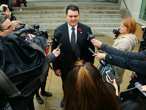 Peterborough MP Dean Del Mastro talks to reporters after receiving a guilty verdict in his election fraud trial on Friday, October 31, 2014 at Lindsay court. (Clifford Skarstedt/QMI Agency)