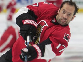 David Legwand, sporting 22 stitches above his upper lip, warms up against his former team Tuesday night at Canadian Tire Centre. (TONY CALDWELL/OTTAWA SUN)