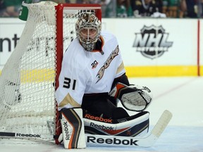 Frederik Andersen of the Anaheim Ducks in goal against the Dallas Stars in the first period during Game 6 of the first round of the 2014 NHL playoffs at American Airlines Center on April 27, 2014. (Ronald Martinez/Getty Images/AFP)