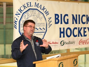 JOHN LAPPA/THE SUDBURY STAR
Barry McCrory, co-chair of the Big Nickel Hockey Tournament, makes a point at press conference on Tuesday. The major AAA tournament runs from Nov.6-9 in Greater Sudbury.