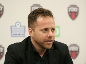 Ottawa Fury FC head coach Marc Dos Santos speaks to the media at season-ending press conference Monday at TD Place. (Chris Hofley/Ottawa Sun)