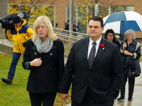 Peterborough, Ont., MP Dean Del Mastro leaves court with his wife Kelly after receiving a guilty verdict in his election fraud trial on Friday, October 31, 2014 at Lindsay court. (Clifford Skarstedt/QMI Agency)