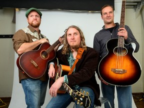 From left, Paul Aitken, Kevin Greene and Mark Schram will be joined by Kevin Greene & The Awesome Sauce bandmate Scottie King, their drummer, when they play the St. Regis Tavern Saturday.  (MORRIS LAMONT/THE LONDON FREE PRESS)