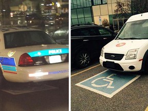 These photos were posted to Twitter yesterday showing an Ottawa police cruiser and a Canada Post truck parked in a handicapped zone, something Mayor Jim Watson called “not acceptable.” TWITTER/SUBMITTED PHOTOS