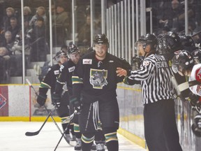 Cole Hamblin celebrates his second goal of the night in a 4-1 Portage win over Selkirk. (Kevin Hirschfield/PORTAGE DAILY GRAPHIC/QMI AGENCY)