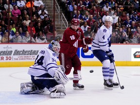 Leafs goalie James Reimer makes a save against the Arizona Coyotes on Tuesday night. (USA TODAY SPORTS)