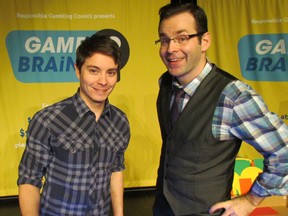 Matt Philips, left, and Jason Agnew hosted Game Brain, a presentation by the Responsible Gambling Counci, that was staged Thursday in the auditorium at Sarnia Collegiate Institute and Technical School. The show, featuring the hosts known for their work on YTV, is currently travelling around Ontario. Please turn to A3 for further coverage. PAUL MORDEN/THE OBSERVER/QMI AGENCY