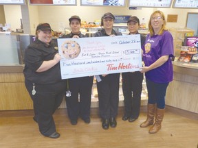 The management team at the Tim Hortons in Clinton and Huron Perth Eat and Learn community manager, Nancy Fisher, are all smiles as they display the $5,166 cheque. Pictured here (from left to right) are Jessica Hart, Crystal Taylor, Jenn Couture, Jessica Xu and Nancy Fisher.