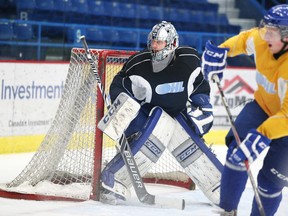 Sudbury Wolves netminder Troy Timpano keeps an eye on the play during practice at Sudbury Community Arena. The Wolves' starting netminder has had a good start to the season despite his team's struggles.