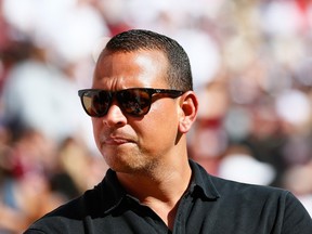 Alex Rodriguez of the New York Yankees stands on the field prior to the game between the Alabama Crimson Tide and the Texas A&M Aggies at Bryant-Denny Stadium on October 18, 2014. (Kevin C. Cox/Getty Images/AFP)