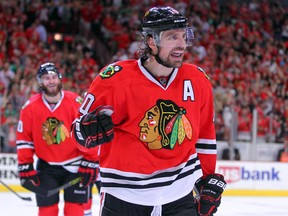 Chicago Blackhawks forward Patrick Sharp celebrates a goal during Game 7 of the Western Conference Final against the Los Angeles Kings at the United Center. (Dennis Wierzbicki/USA TODAY Sports)