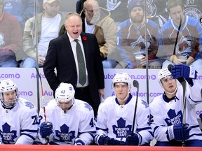 Maple Leafs head coach Randy Carlyle calls out from his bench on Thursday night in Colorado. (USA TODAY/SPORTS)