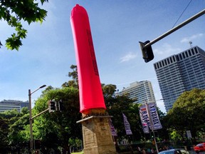 The group ACON - AIDS Council of New South Wales - has erected an 18m tall pink condom in Sydney's Hyde Park to bring attention to HIV prevention. (ACON/Handout/QMI Agency)