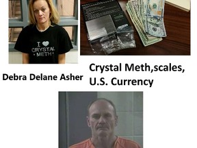 This image shared on Facebook by the Laurel County Sheriff Department shows Debra Delane Asher, 37, of London, Ky., (top left) wearing an "I (love) crystal meth" T-shirt following her arrest for allegedly trafficking crystal meth. A second suspect, Richard Jeffrey Rice, 57, is also shown, along with cash and digital scales officers seized at the time of the arrest on Nov. 4, 2014. (Laurel County Sheriff Department/QMI Agency)