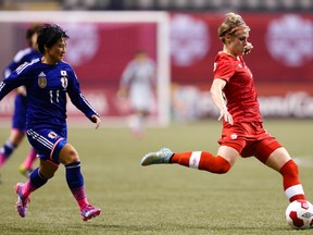 Canada midfielder Sophie Schmidt (13) passes back to a teammate against Japan forward Nahomi Kawashumi (11) during the second half at BC Place on Oct 28, 2014 in Vancouver, British Columbia, Canada. (Joe Nicholson/USA TODAY Sports)