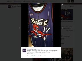 The Raptors will play in their original, purple dinosaur away jerseys for the first time since May 4, 1999. (TWITTER SCREENSHOT)