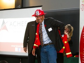 Parkland County Mayor Rod Shaigec had a bit of fun during an Acheson Business Association meeting on Nov. 4 when he was named an honourary recruiter for the new Acheson fire hall. The fire hall is in need of roughly 40 paid, on-call firefighters to help serve and protect the Acheson business park. - Photo courtesy Trident Photography