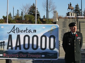 Lt Col Mark Connolly gives a update on the Support Our Troops Licence Plate at Patricia Park in Edmonton, Alberta on Friday, November 7 , 2014. The plates has raised over $220,000.00. Perry Mah/Edmonton Sun