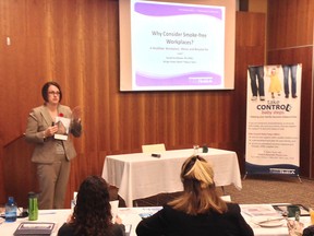 Public health nurse Nicole Szumlanski addresses a workshop at KFL&A; Public Health on adopting a policy of complete non-smoking inside and outside businesses. THURS., NOV 6, 2014 KINGSTON, ONT. MICHAEL LEA THE WHIG STANDARD QMI AGENCY