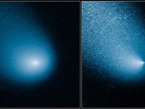 Comet C/2013 A1, also known as Siding Spring, is seen before and after filtering as captured by Wide Field Camera 3 on NASA's Hubble Space Telescope in this image released October 19, 2014. Comet Siding Spring passed just 87,000 miles (140,000 km) from Mars on Sunday - less than half the distance between Earth and the moon and 10 times closer than any known comet has passed by Earth, NASA said.  (REUTERS/NASA/ESA/J.-Y. Li/Handout via Reuters)