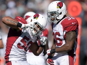 Arizona Cardinals linebacker Larry Foote (50) and safety Deon Bucannon (33) celebrate after a tackle against the Oakland Raiders at O.co Coliseum. (Kirby Lee/USA TODAY Sports)