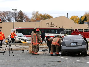 One person died and several were injured when a TTC bus and a car crashed on Kipling north of Rexdale Sunday November 9, 2014. (Michael Peake/Toronto Sun)