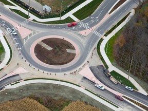 An aerial view of London's newest roundabout, a two lane traffic control system at the intersection of Wonderland Road North and Sunningdale Road, as seen looking southeast in London. (CRAIG GLOVER, The London Free Press)