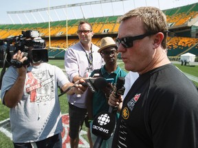 Eskimos head coach Chris Jones talks with the media (Ian Kucerak, Edmonton Sun).