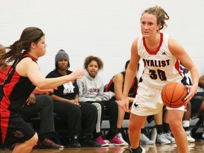 Belleville's Alex Cleave leads the Loyalist Lancers up-court during OCAA women's basketball action last weekend at Loyalist College. (Jordan McConnell/Loyalist College Athletics)