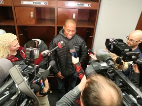 Ottawa RedBacks quarterback Henry Burris speaks to the media Sunday as players cleared out their lockers before going their separate ways for the off-season. (Chris Hofley/Ottawa Sun)