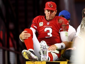 Arizona Cardinals quarterback Carson Palmer reacts as he is taken off the field on a cart after suffering an injury in the second half against the St. Louis Rams at University of Phoenix Stadium on Nov 9, 2014 in Glendale, AZ, USA. (Mark J. Rebilas/USA TODAY Sports)