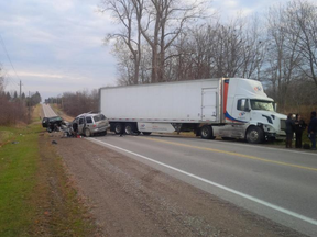 A Wardsville man and a Chatham teen died after a head-on collision Monday between a pickup truck and an SUV on Longwoods Rd. southwest of Glencoe about 6:40 a.m.  (Special to The Free Press)