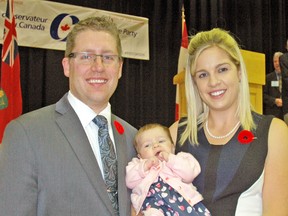 Newly-elected Conservative candidate for Perth-Wellington, John Nater, poses with his wife Justine and daughter Ainsley following the federal Conservative nomination meeting held last Saturday, Nov. 8 in Listowel. Nater, of Mitchell, defeated John Steven for the nod and replaces the retired Gary Schellenberger in the next election. KRISTINE JEAN/MITCHELL ADVOCATE