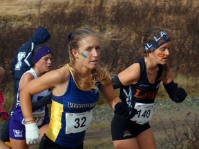 Laurentian cross-country runner and Sudbury native Katie Wismer fights strong winds at the CIS cross-country running championships in St. John's, Nfld., on Saturday. Winds reached gusts of 110 km per hour at the race, where LU finished 11th.