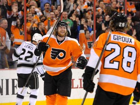 Philadelphia Flyers right wing Jakub Voracek (93) celebrates his goal with center Claude Giroux (28) against the Los Angeles Kings during the third period at Wells Fargo Center on Mar 24, 2014 in Philadelphia, PA, USA. (Eric Hartline/USA TODAY Sports)