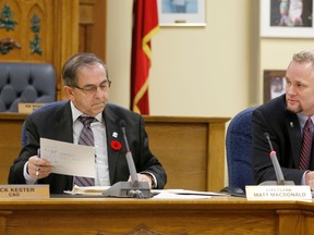 City of Belleville clerk Matt MacDonald, right, addresses Lonnie Herrington's request for a recount of the October 27 municipal election results, during Monday's council meeting. At left is councillor Garnet Thompson. 
Emily Mountney-Lessard/The Intelligencer