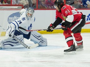 Maple Leafs goalie James Reimer says his team is doing a better job of finishing checks and bumping opponents off the puck lately. (USA TODAY SPORTS/PHOTO)