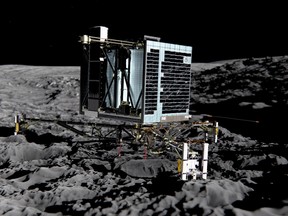 An artist rendition released by the European Space Agency of Rosetta's lander Philae on the surface of 67P. (ESA MEDIALAB/AFP)