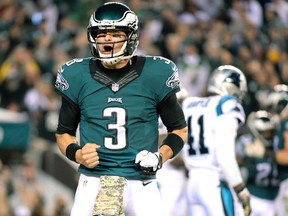 Philadelphia Eagles quarterback Mark Sanchez (3) reacts after the Eagles scored a touchdown against the Carolina Panthers during the third quarter at Lincoln Financial Field on Nov 10, 2014 in Philadelphia, PA, USA. (Eric Hartline/USA TODAY Sports)
