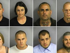 A combination photo shows handout booking mugshots of eight members of the American Front obtained by Reuters May 9, 2012. The group was rounded up by Florida police, based on evidence from a confidential informant who infiltrated the neo-Nazi organization. Top row: (L-R) Mark McGowan, Patricia Faella, Marcus Faella, Kent McLellan.  Bottom row: (L-R) Jennifer McGowan, Dustin Perry, Richard Stockdale, Christopher Brooks.   REUTERS/Osceola County Jail/Handout