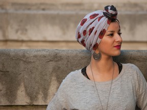 The poppy-print headscarf sold by the Islamic Society of Britain and British Future. 
Photo: Rooful Ali, Aliway Photography