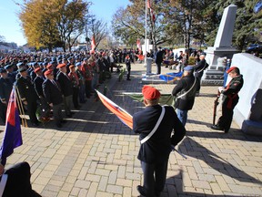 Hundreds of people, from residents, war veterans, members of the Royal Canadian Air Force posted at 8 Wing/CFB Trenton, Ont. to local politicians attend Belleville's Remembrance Day service at Memorial Park Tuesday, Nov. 11, 2014.   - JEROME LESSARD/THE INTELLIGENCER/QMI AGENCY